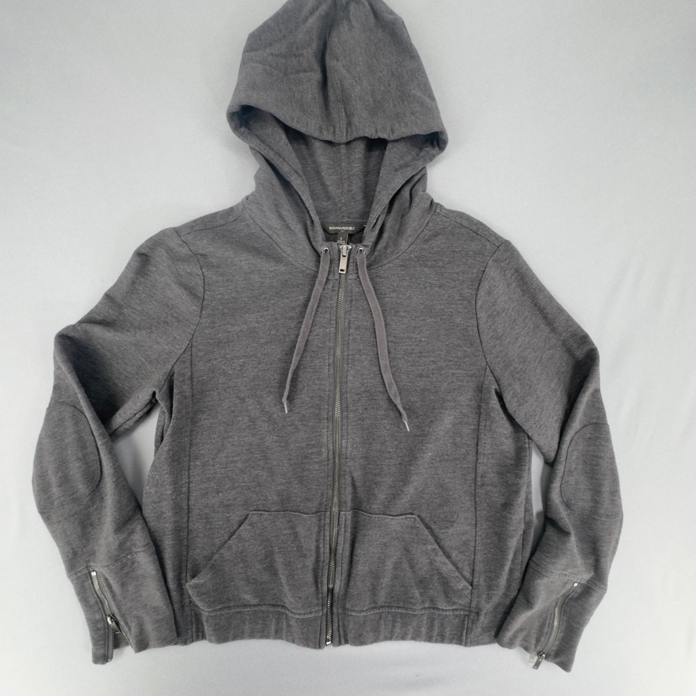 Banana Republic Womens Gray Full Zip Hoodie Elbow Patches Zipper Cuffs Large
